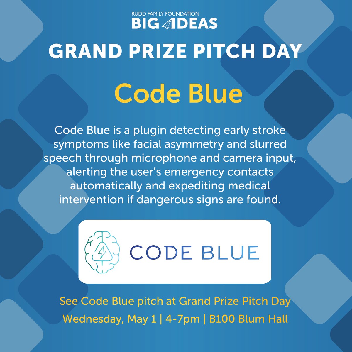 One of the top five teams competing for the $20K grand prize is Code Blue! Code Blue is a consumer-facing app designed to detect early signs of stroke.

Watch Code Blue pitch and celebrate this year’s finalists at GRAND PRIZE PITCH DAY! RSVP at ticketbud.com/events/f5eba3b…