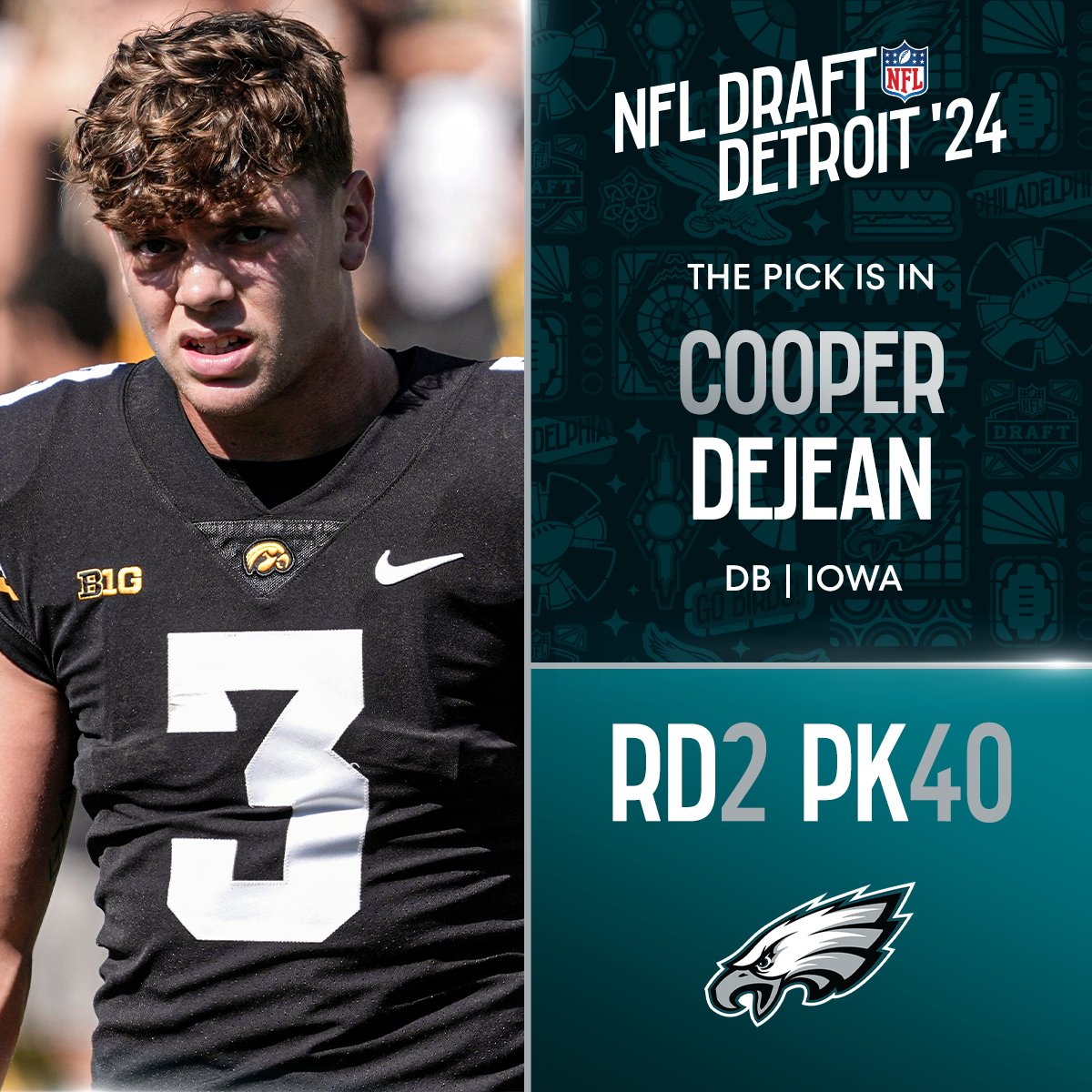 With the No. 40 overall pick in the 2024 @NFLDraft, the @Eagles select Cooper DeJean! 📺: #NFLDraft on NFLN/ESPN2/ABC 📱: Stream on #NFLPlus