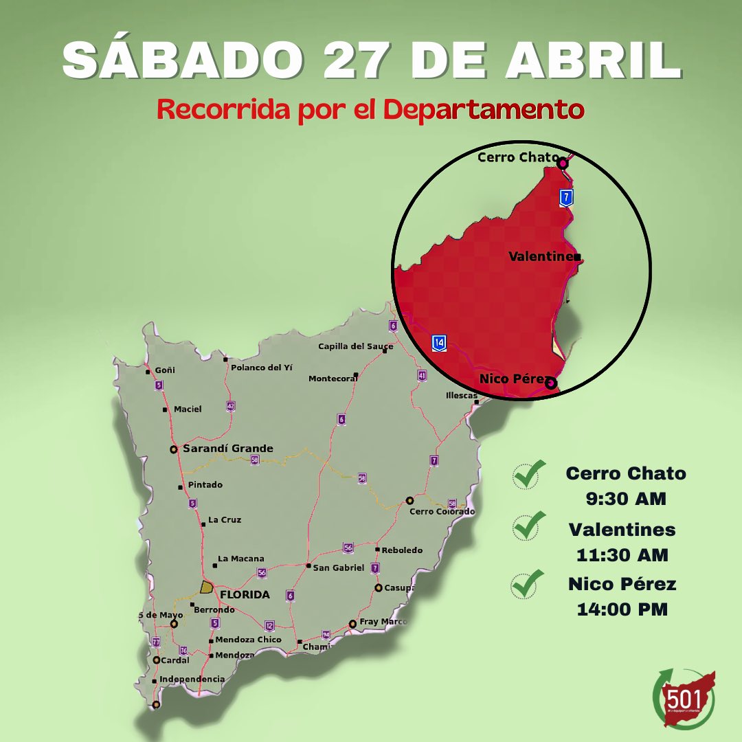 🗓️| Este sábado 27 de abril estaremos recorriendo el interior del Departamento. 

📍Visitaremos: Nico Pérez, Valentines y Cerro Chato 

¿Te gustaría que te visitemos?
