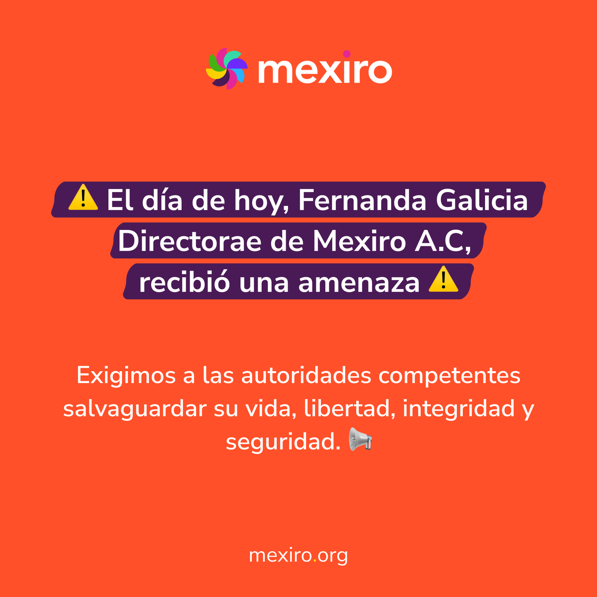 yoMexiro's tweet photo. 🔴@mafernn Directorae de Mexiro A.C, recibió una amenaza en una de sus redes sociales personales la cual señala “ten mucho cuidado por donde caminas”.

+ de 90 OSC y personas exigimos a las autoridades salvaguardar la vida, libertad, integridad y seguridad de Fernanda. https://t.co/DdFRCqvilj