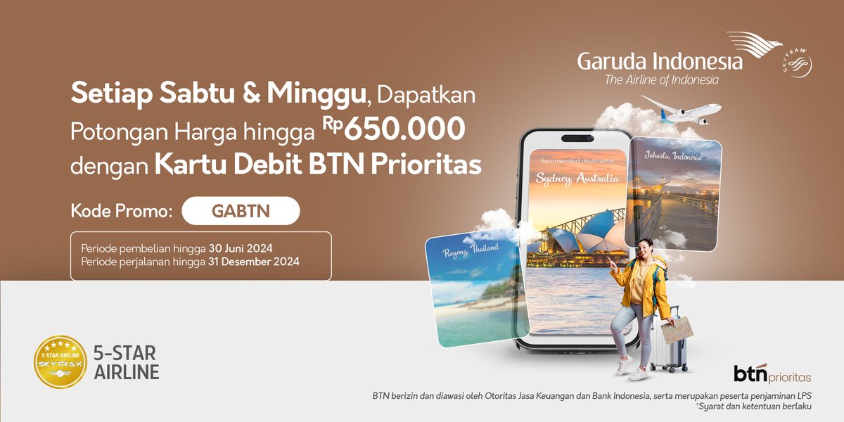 Dapatkan potongan sebesar Rp650.000 bagi Anda Pemegang Kartu Debit BTN Prioritas! Gunakan kode promo GABTN saat melakukan pemesanan penerbangan melalui halaman Website garuda-indonesia.com atau Aplikasi FlyGaruda Info lengkap: garuda-indonesia.com/id/id/special-… #GarudaIndonesia