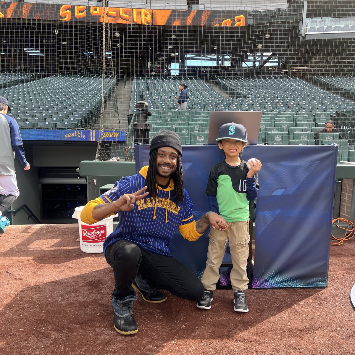 I’m down on the field with my son to DJ pregame for the @Mariners tonight at @TMobilePark #tridentsup