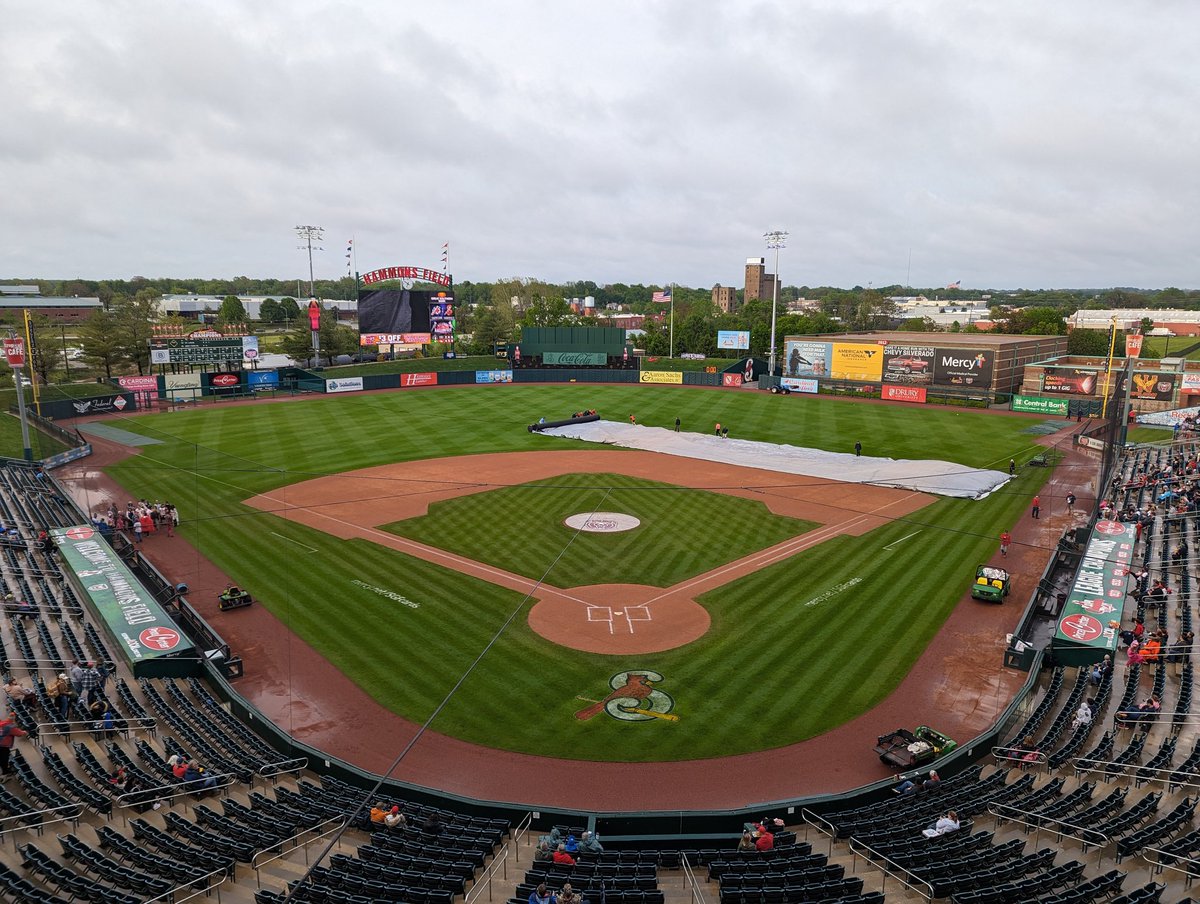 The tarp has come off the field and our front office and grounds crew are hard at work preparing Hammons Field for play tonight. First pitch is still TBD.