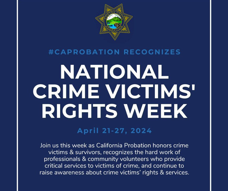 April 21 – 27 is National Crime Victims Week.

We stand in solidarity with survivors, advocating for their rights, assisting in their healing process, & taking steps to restore families & prevent future victimization.

#Probation #CCCProbation #NCVRW #VictimsRights #Healing