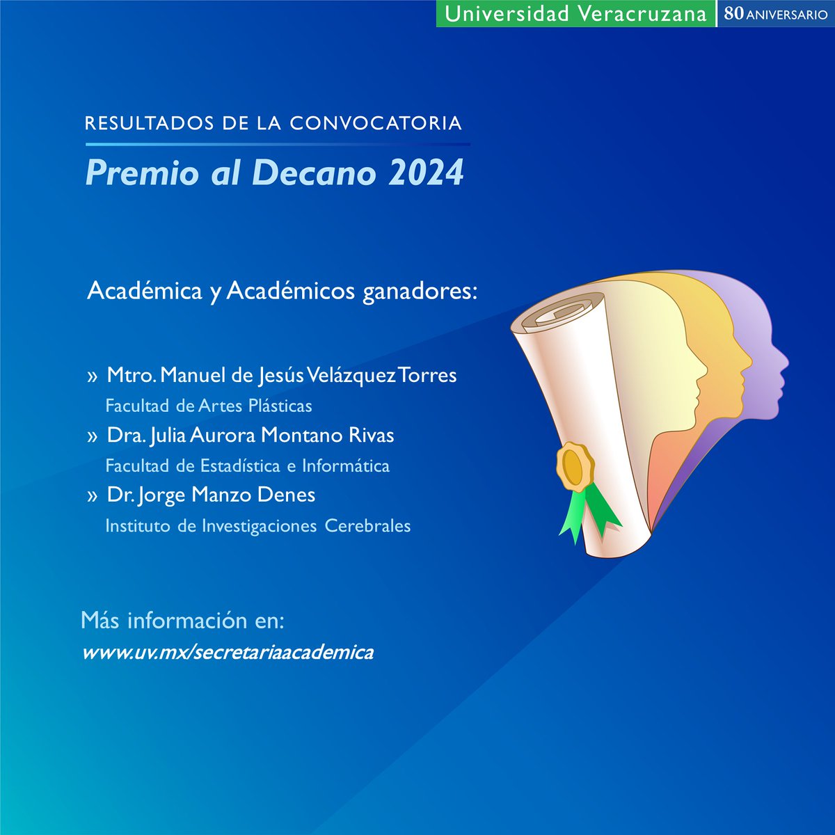 #AcadémicoUV Ya se encuentran disponibles los resultados de la convocatoria Premio al Decano 2024. 🎖 ¡Felicitamos a las y los académicos ganadores! 💻Detalles: acortar.link/Q1ifJW