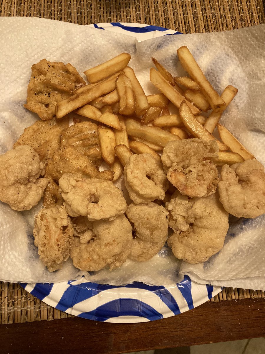 #FridayFood. So fried shrimps French fried and Hush puppies !