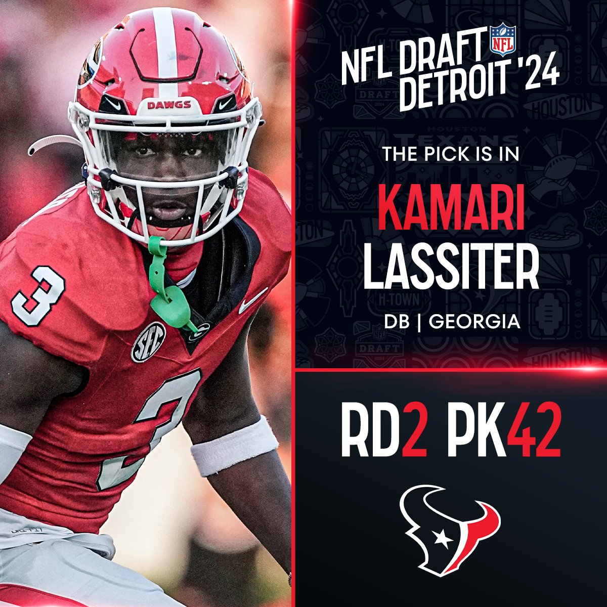 With the No. 42 overall pick in the 2024 @NFLDraft, the @HoustonTexans select Kamari Lassiter! 📺: #NFLDraft on NFLN/ESPN2/ABC 📱: Stream on #NFLPlus