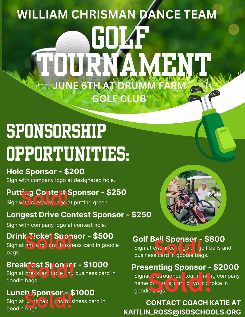 Interested in being a hole sponsor for our golf tournament? Reach out to Coach Katie at kaitlin_ross@isdschools.org