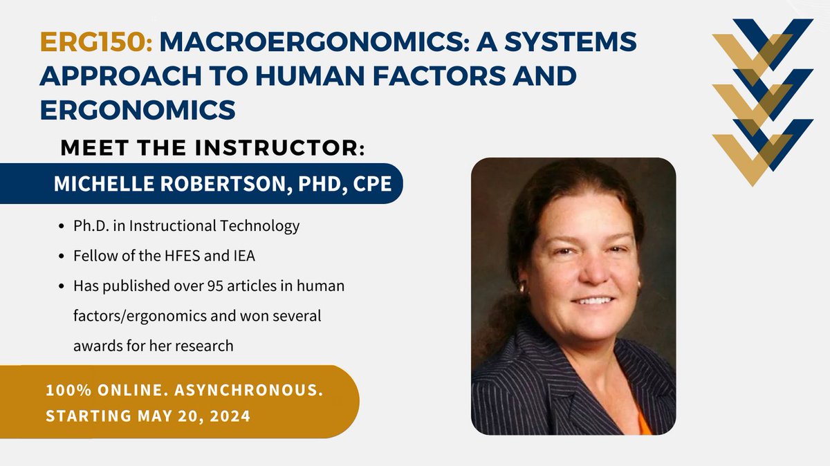 Our upcoming 8-week course on Macroergonomics: A #Systems Approach to #HumanFactors & #Ergonomics is led by Dr. Michelle Robertson. Dr. Robertson is a fellow of HFES and IEA, & highly decorated researcher. Register now to learn from her ample experience! coeh.berkeley.edu/erg150