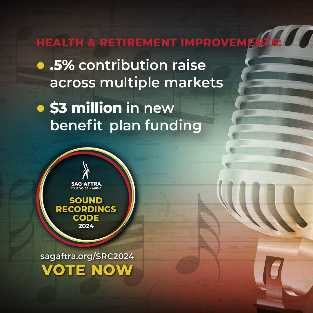 🎶 The Sound Recordings Code tentative agreement brings a .5% contribution raise across multiple markets and $3 million in new benefit plan funding! 🌟 Vote now to secure these health & retirement improvements! 🗳️ Vote by April 30th at 5 PT. sagaftra.org/SRC2024.