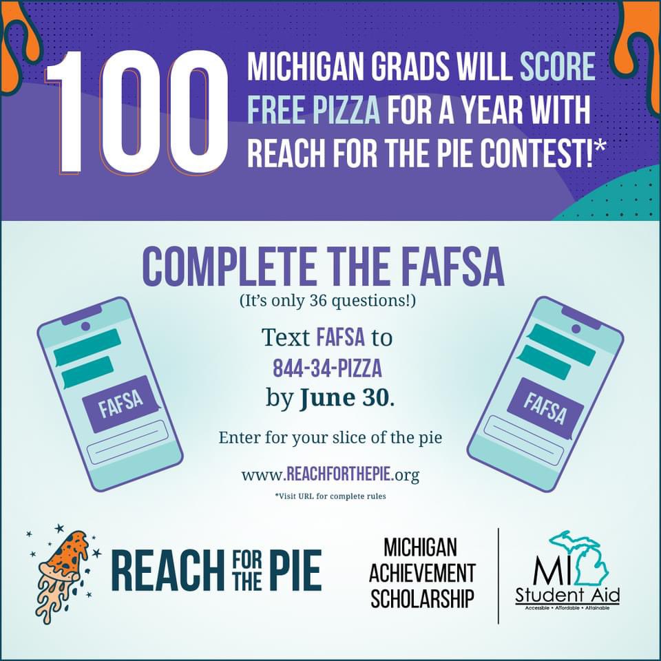 The Reach for the Pie contest is giving graduating Michiganders another reason to fill out the #FAFSA: A year of free pizza!* 🍕 All they have to do is complete their FAFSA by June 30, then text FAFSA to 1-844-34-PIZZA. *Visit ReachForThePie.org for complete rules.