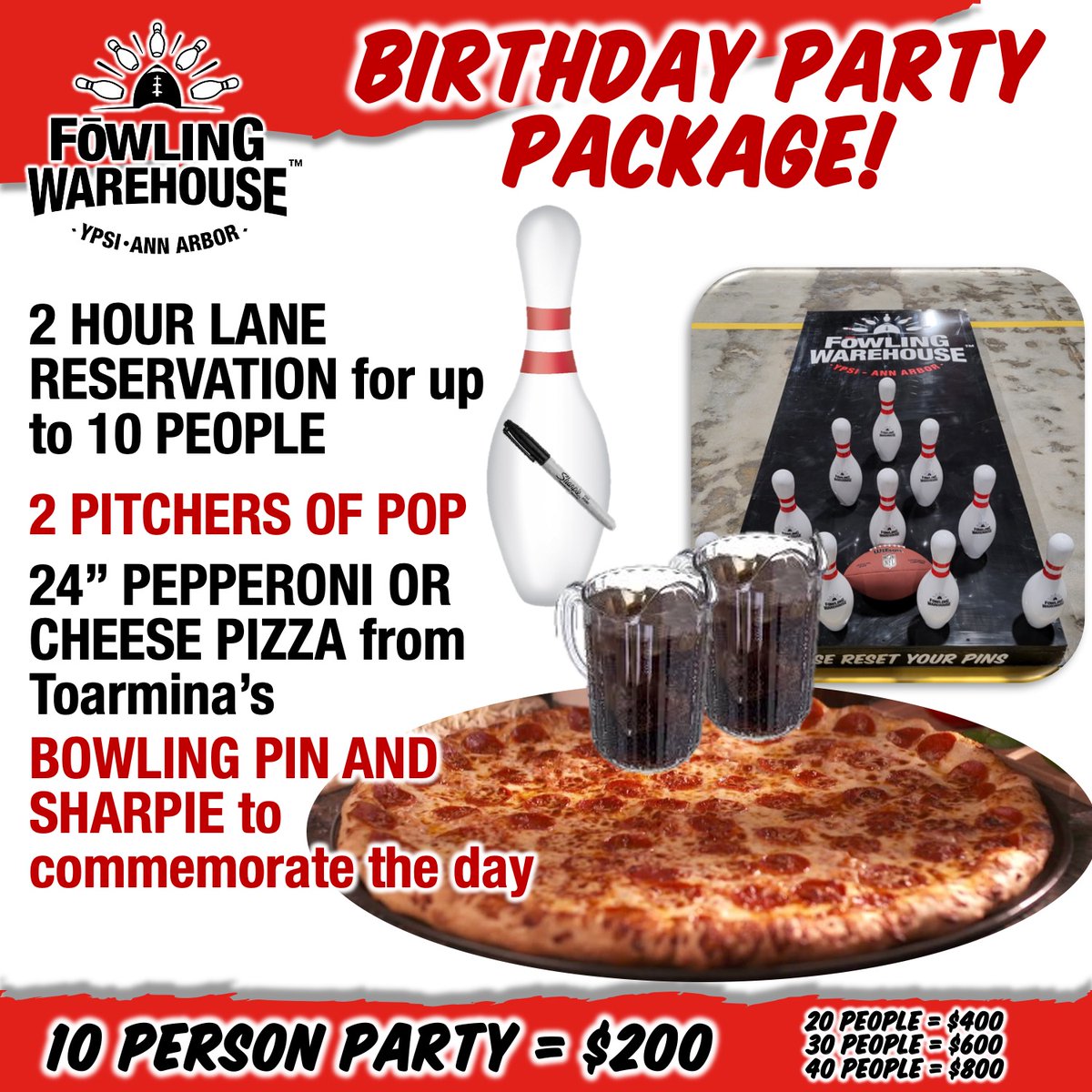 THE FOWLING WAREHOUSE BIRTHDAY PARTY PACKAGE!  One Lane, 2 hours, 10 people plus a giant 24” 24-piece Taormina’s pizza, 2 pitchers of pop, a Fowling Pin and Sharpie all for $200.  2 Lanes, 2 Pizza, 4 Pitchers?  $400 and so on. Book now.  #BirthdayParty#Birthday#Ypsilanti#annarbor