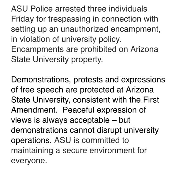 ASU releases a statement on the arrests of three pro-Palestine protestors on campus today. @abc15