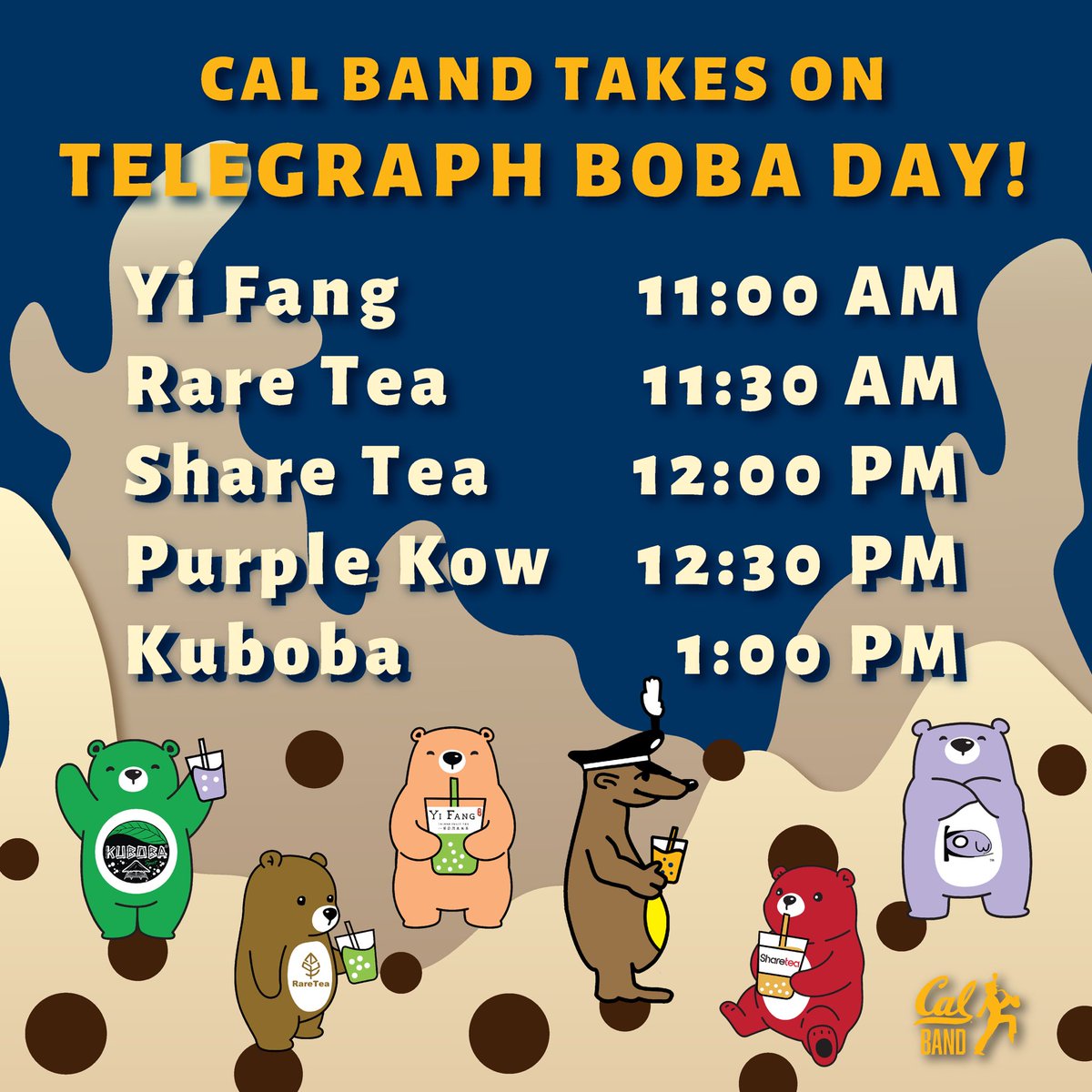 Who wants boba??🧋Catch us performing at various boba shops tomorrow for Telegraph Boba Day! 😋 #CalBand #Boba #UCBerkeley #TelegraphBobaDay #Cal #GoBears #BubbleTea #Telegraph
