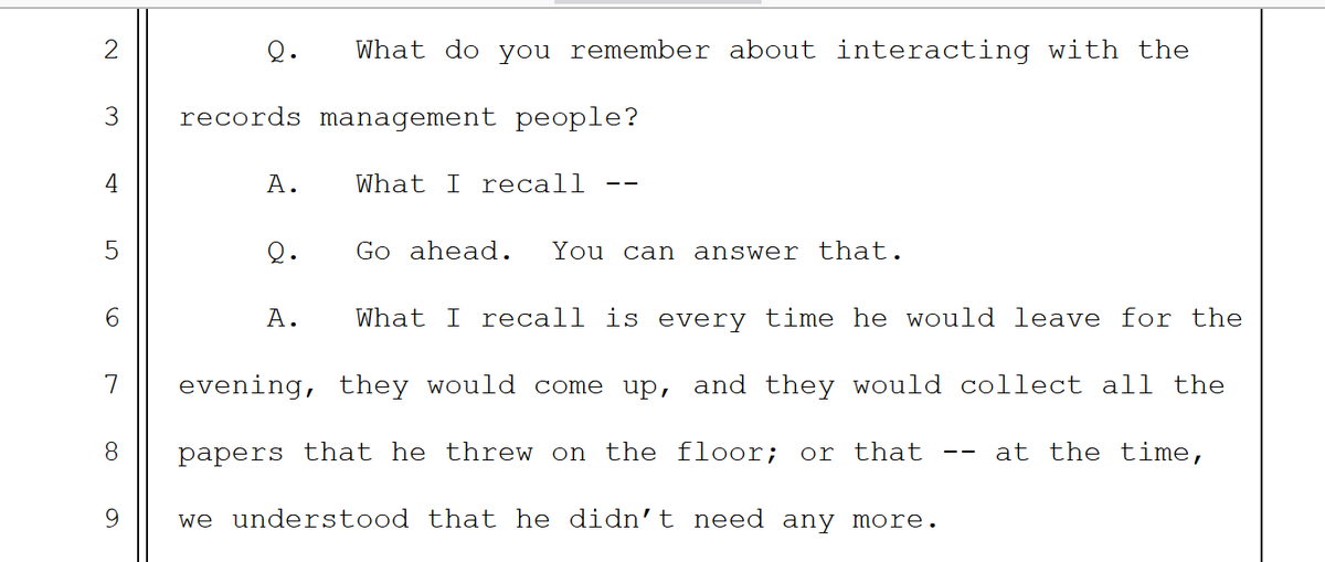 Just in: Walt Nauta, Trump's valet, recalls in his grand jury testimony that officials in the White House Office of Records Management would pick up 'all the papers' Trump 'threw on the floor' each 'time he would leave for the evening.'