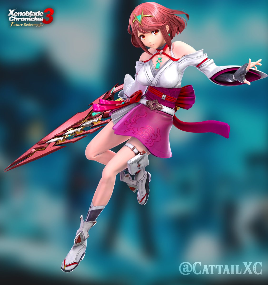 I was going to wait to post this until I was done the Mythra one, but it's Future Redeemed's anniversary so now is as good a time as ever. Here's a render edit of Pyra in Glimmer's outfit for my WIP smash mod!

#Xenoblade3FR_fes24