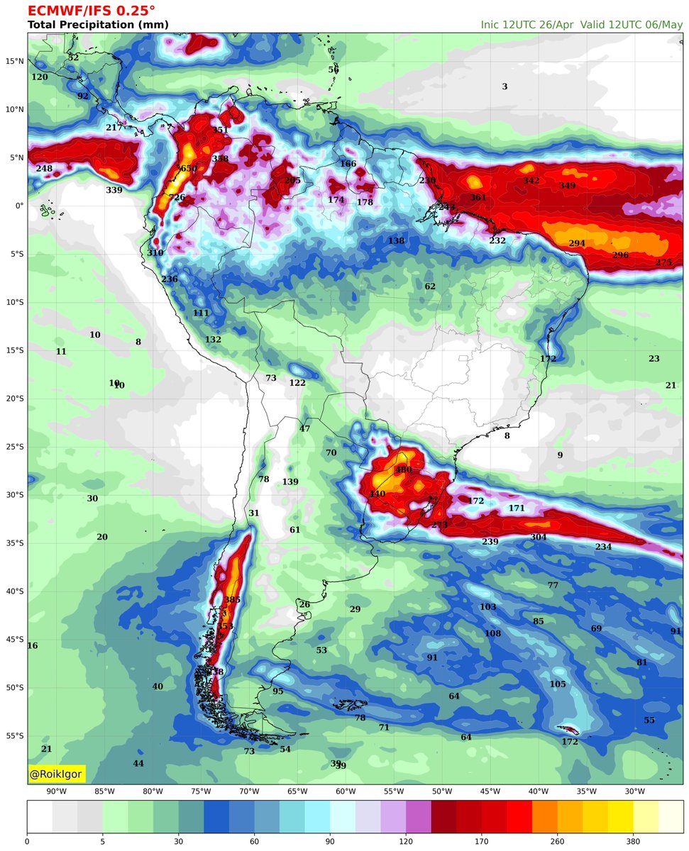 Volume de chuva previsto nas próximas 48, 96, 144, e 240h, conforme projeção do modelo ECMWF das 12UTC.