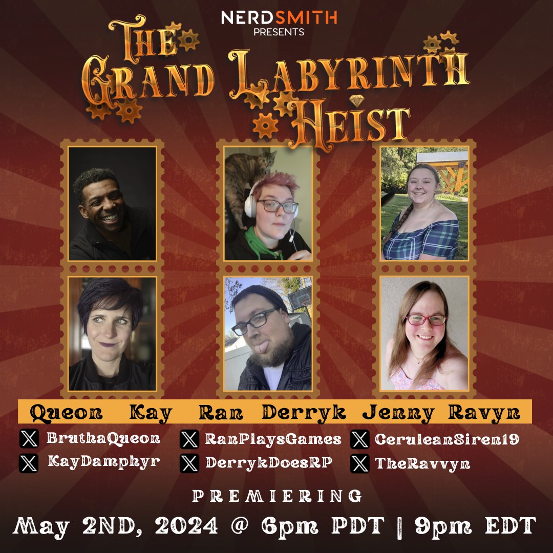 WeAreNerdsmith's tweet photo. With April coming to a close, we look ahead to our May Nerdsmith Presents production: 

The Grand Labyrinth Heist! 

Set on a giant clockwork planet, this ragtag crew attempts the heist of a century- all on the queen's coronation day. https://t.co/FO5sCCbPfx