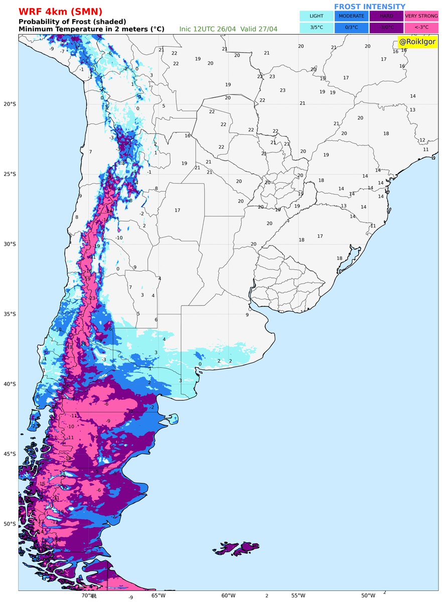 Temperatura Mínima e Máxima, além das áreas com possibilidade pra #geada, prevista para amanhã, conforme projeção do modelo WRF 4km (SMN).