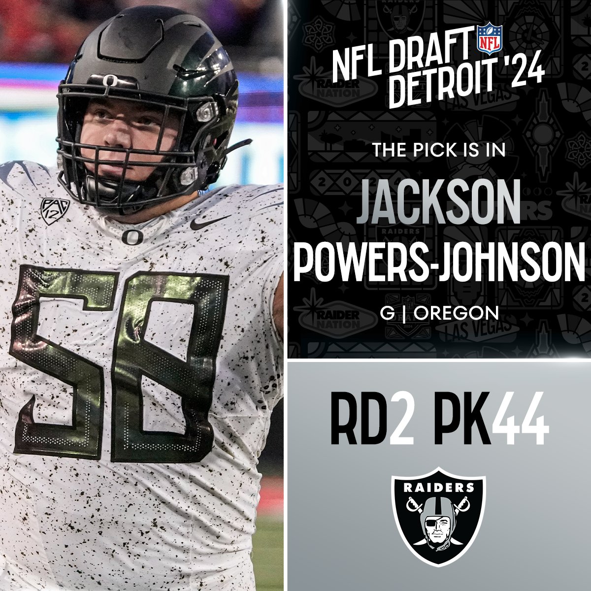 With the No. 44 overall pick in the 2024 @NFLDraft, the @Raiders select Jackson Powers-Johnson! 📺: #NFLDraft on NFLN/ESPN2/ABC 📱: Stream on #NFLPlus