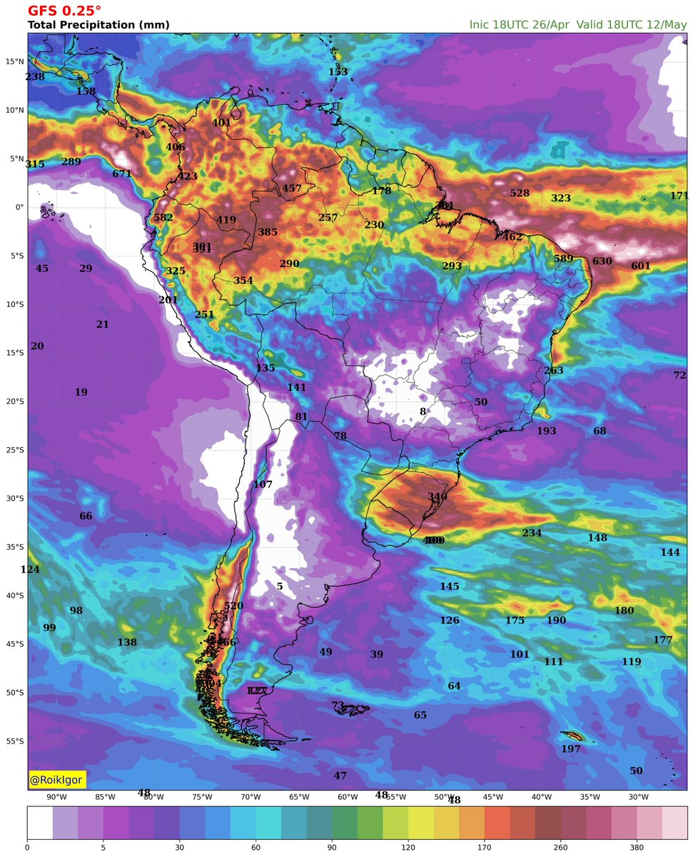 Volume de chuva previsto nos próximos 15 dias, conforme projeção do modelo GFS.