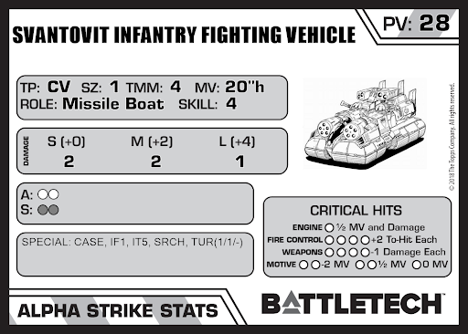 Lacking a lot of Omnimechs, Clan Red Mammoth makes frequent use of the Svantovit Infantry Fighting Vehicle to haul their BA Points where they need to go. 35t Hovercraft with 3t of FF Armor, 2xLRM5's 2xStreak SRM2's and 2 MGs. 
How's everyone feel about the Svantovit? #Battletech