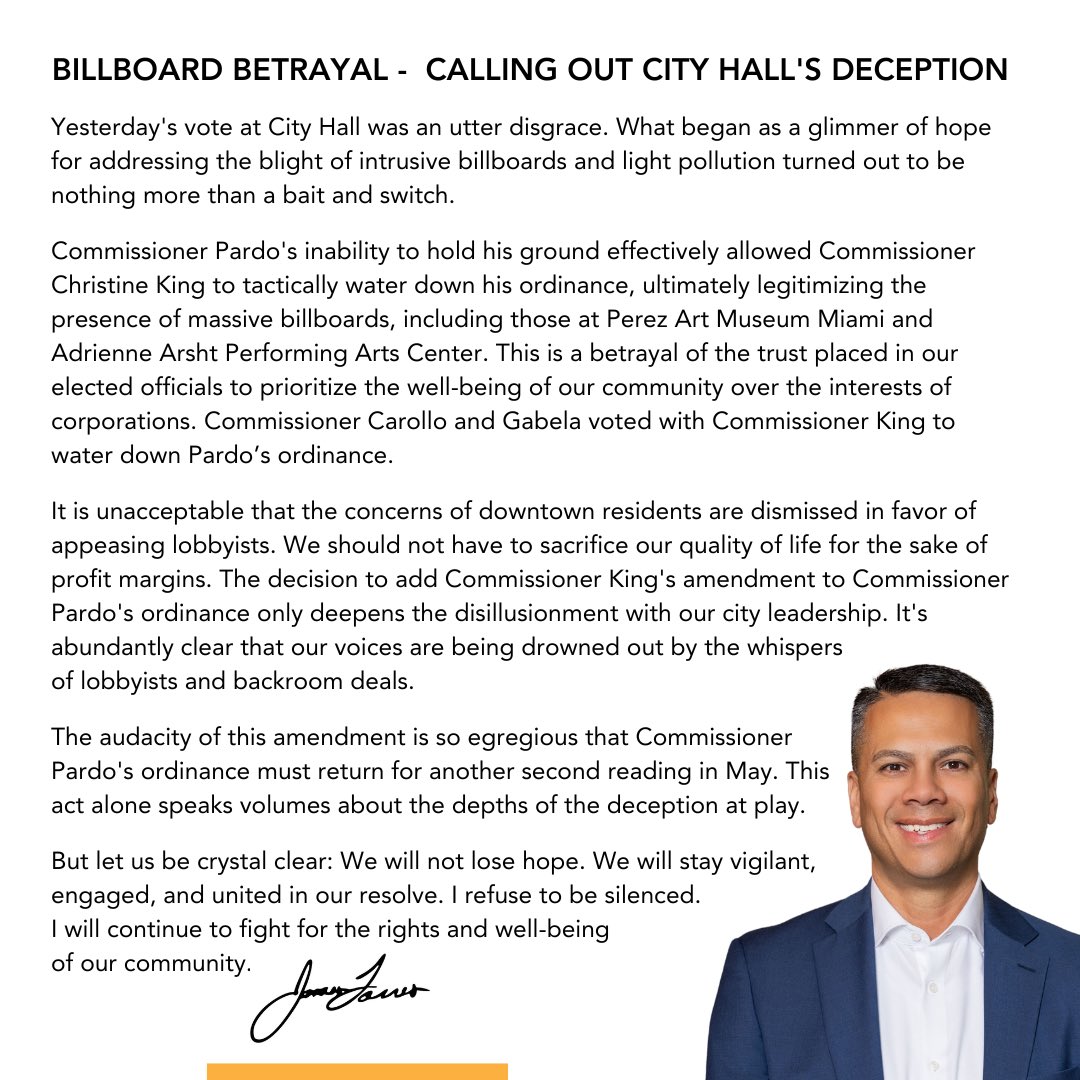 My statement addressing yesterday's billboard betrayal and City Hall's deception. It's time to demand accountability and results from our elected officials. @lrobertsonmiami @doug_hanks @newschica @BillyCorben @BecauseMiami @grantstern @peterehrlich1 @TooMuchMe @tessriski