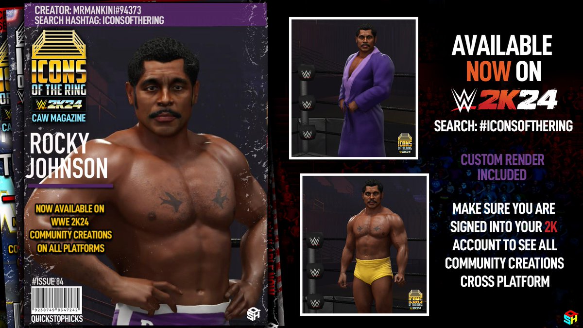 Pick up your copy of #WWE2K24 Icons of the Ring magazine featuring Rocky Johnson. Available now! Creator: @DW_federation Moves: @HarvAddy Render: @DW_federation Magazine Cover: @QuickStopHicks Search: #IconsOfTheRing