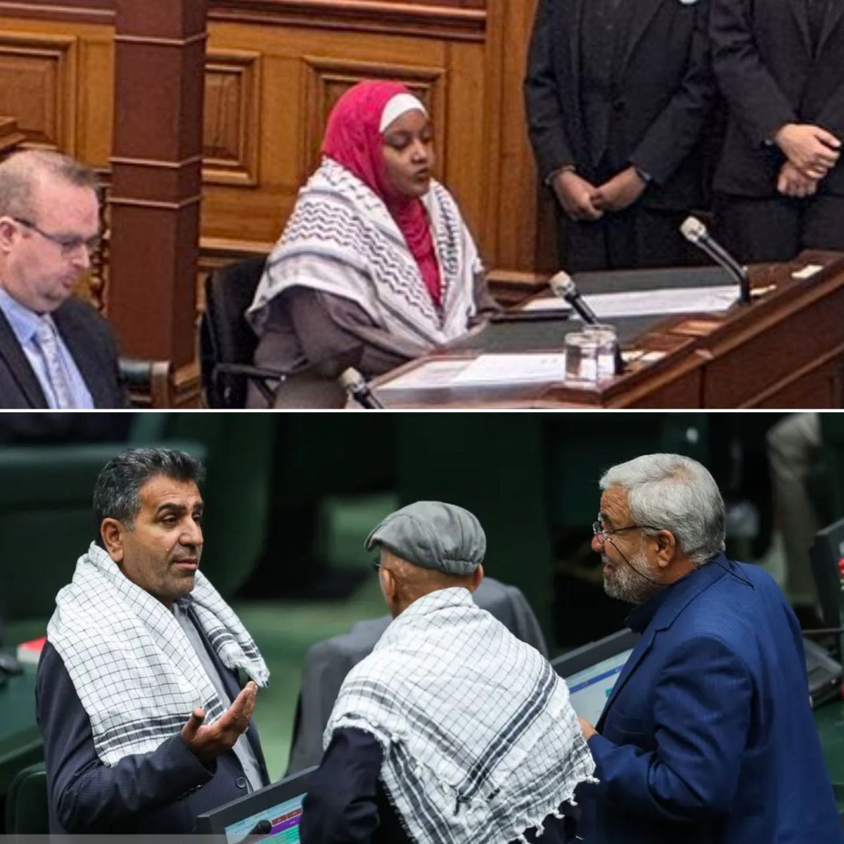 Who wore Keffieh better? Sarah Jama, Member of Provincial Parliament of Ontario🇨🇦, who has never condemned #HamasRapists. Or Members of the Islamic Consultative Assembly [Parliament], in Iran, who stand against Israel and support Hamas terrorists while wearing Keffiyehs. Don't…