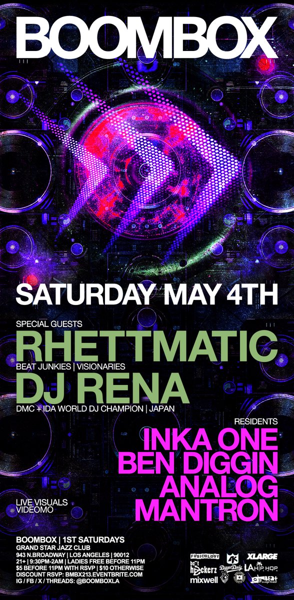 [SAT.5/4] we return with Beat Junkies don @RHETTMATIC + the L.A. debut of 3x World DJ Champion #DJRENA [Japan]!! 2 of the dopest to ever do it, spanning multiple generations = a night of turntable glory! RSVP for discount. let's gooo, fam! DISCOUNT RSVP: bmbx213.eventbrite.com