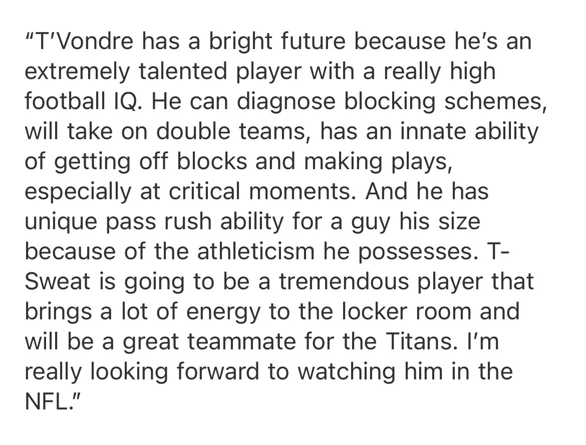 Texas HC Steve Sarkisian’s comments on DT T’Vondre Sweat being drafted by Tennessee with the 38th overall pick.