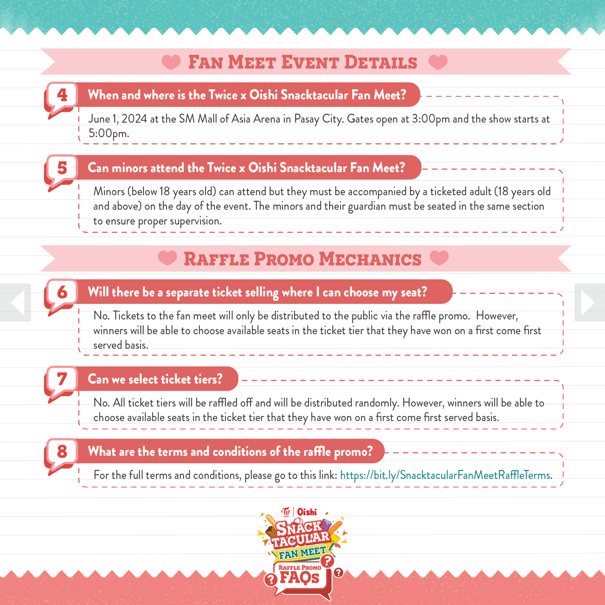 oishi_tweets's tweet photo. Twice x Oishi Snacktacular Fan Meet Raffle Promo FAQs

#TwicexOishiSnacktacularFanMeet #OishiTwice #OWowOWow https://t.co/x71gyOKBw2