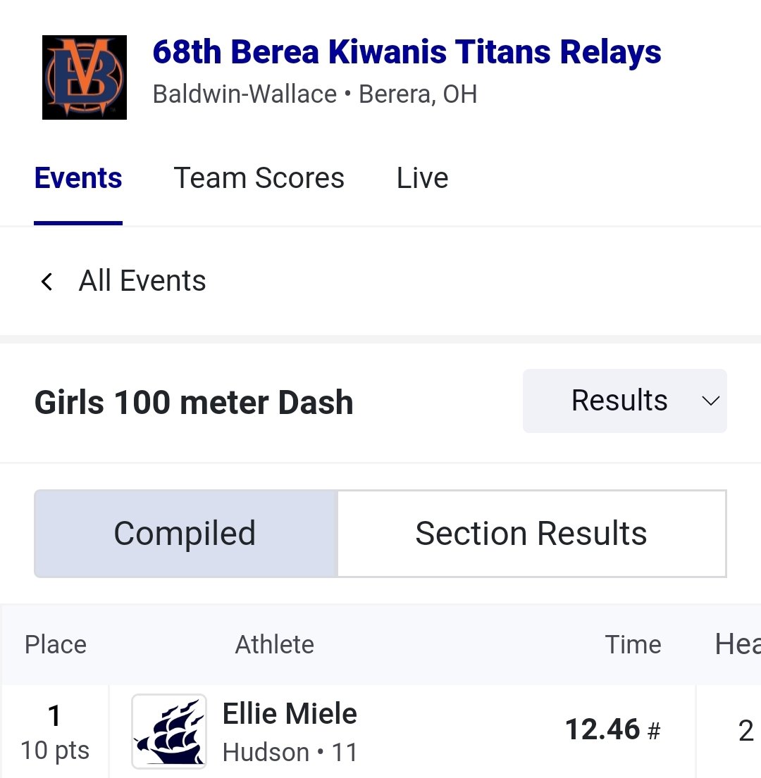 Meet record at the 60th Berea Titan Relays <a href="/elliemiele/">ellie miele</a> in the 100 meter dash! 12.46⚡️🔥🏁👀
<a href="/HudsonOHSports/">Hudson Athletics</a>