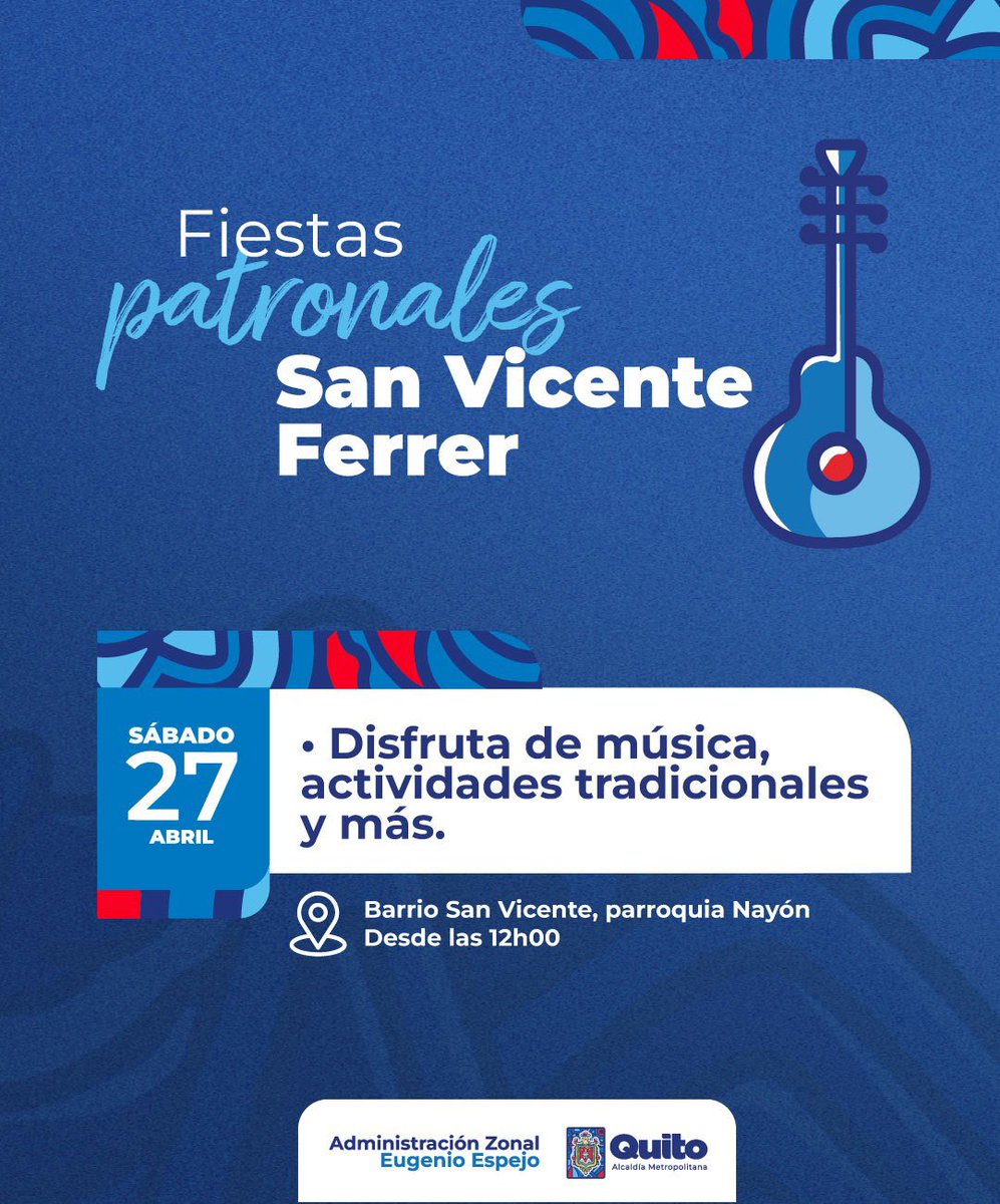 🎉 #FiestasPatronales | ¡Ven y disfruta junto a tu familia las fiestas de fundación del Barrio San Vicente de la parroquia de Nayón!.

🗓️Sábado 27/04/2024
🕒12h00
📍Barrio San Vicente, parroquia de Nayón, calle Eugenio Espejo y pasaje El Sol.

#QuitoRenace