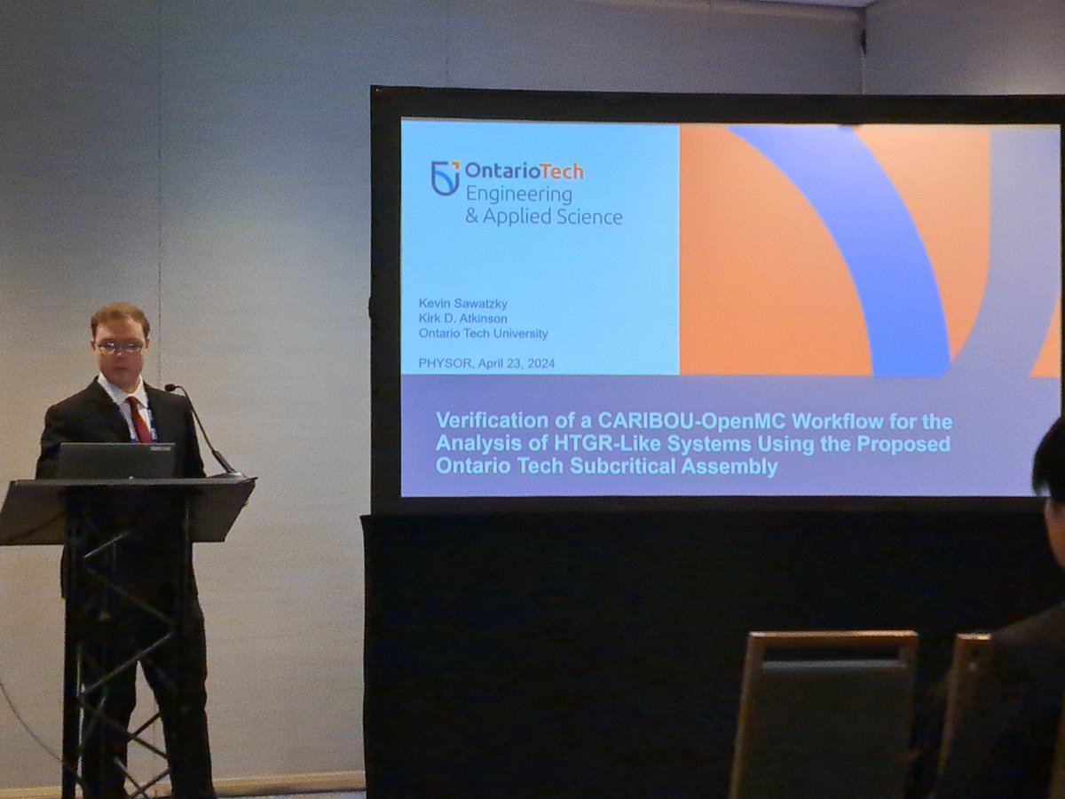 NuclearKirk's tweet image. On Tuesday, my graduating @ontariotech_u @OT_FEAS MASc #NuclearEngineering student, Kevin Sawatzky, presented his methods development work at the @ANS_org #PHYSOR2O24 conference in San Francisco. After 2 yrs with me, he is joining April Novak @illinoisNPRE for PhD work this Fall.