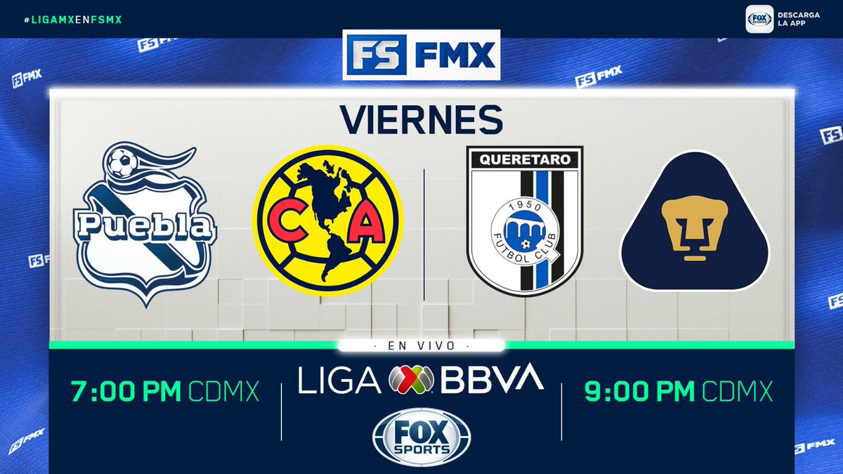 Llegó la Jornada 17 de la #LigaMXenFSMX y los equipos tienen su última oportunidad para subir en la tabla ⚽

7PM CDMX - @ClubPueblaMX 🆚 @ClubAmerica
9PM CDMX - @Club_Queretaro 🆚 @PumasMX 

Viernes en vivo por @FOXSportsMX