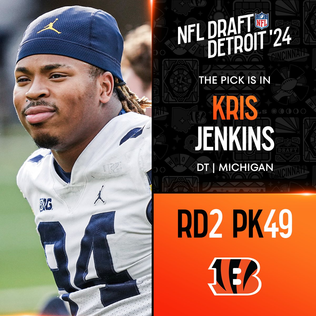 With the No. 49 overall pick in the 2024 <a href="/NFLDraft/">NFL Draft</a>, the <a href="/Bengals/">Cincinnati Bengals</a> select Kris Jenkins!

📺: #NFLDraft on NFLN/ESPN2/ABC
📱: Stream on #NFLPlus
