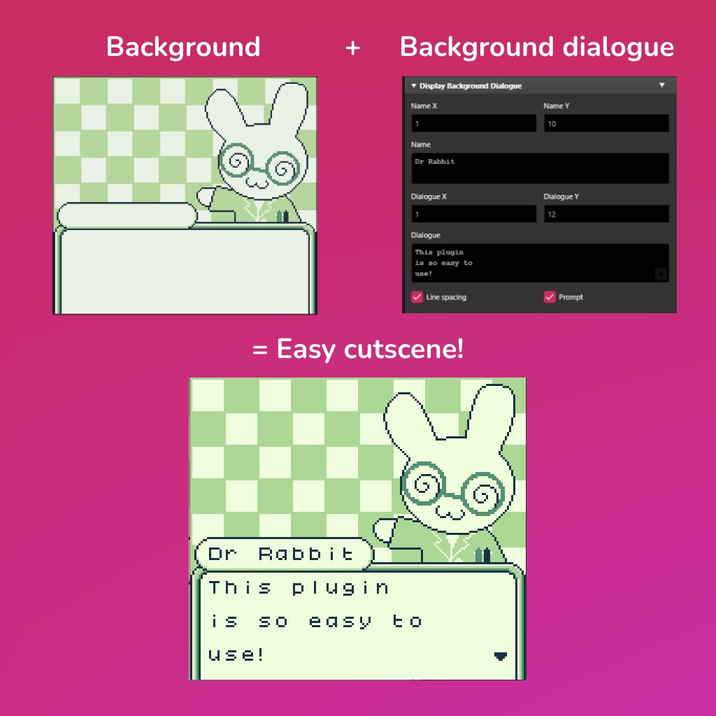 💬My new Background Dialogue plugin for #GBStudio is now available! It makes creating detailed dialogue scenes quick and easy. Perfect for making visual novels or cutscenes. Grab it here along with my other plugins 👉 github.com/shin-gamedev/g…