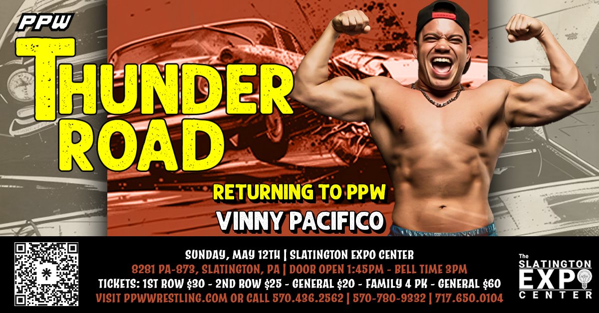Thunder Road on May 12th is at a special, earlier time - 3PM - but it's never too early to get (G) Fueled up with another appearance from the great Vinny Pacifico, who will be IN ACTION on May 12th!!! 🎟: ppwwrestling.com/shop 📍: Slatington Expo Center 🎨: Lor Diaz