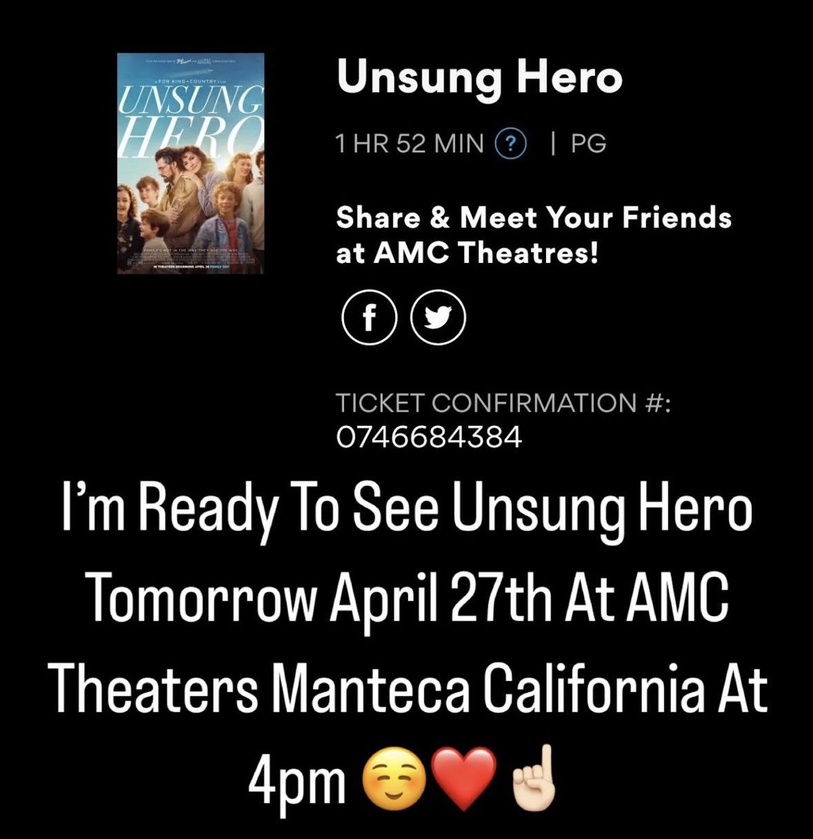 I’m Ready To See Unsung Hero Movie @unsungheromovie Tomorrow April 27th At @AMCTheatres Manteca California At 4pm ☺️❤️☝🏻

@KelseyGrammer @prayerdude @greglaurie @CatheLaurie  @Joel_Courtney @therealagbarlow  @harvestriv  @JonathanRoumie @FrasierPod @GilpinPeri @MitchPoulos