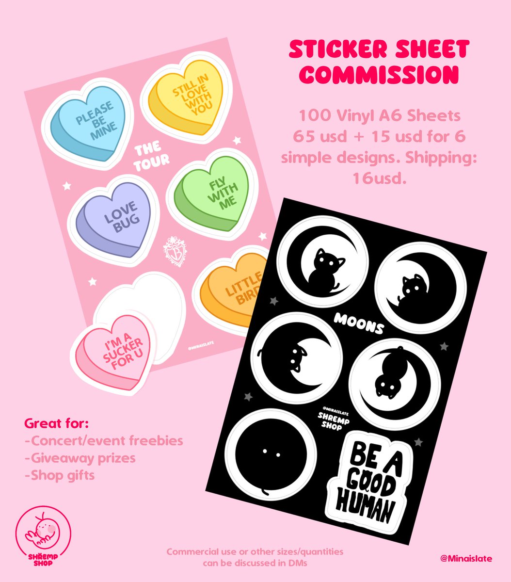 I’m opening BULK STICKER SHEET comms ✨ 100 Vinyl A6 Sheets with 6 different stickers. You can customize them as you please [DM] Great for: 🩷 Concert/event freebies 🩷 Giveaway prizes 🩷 Shop gifts