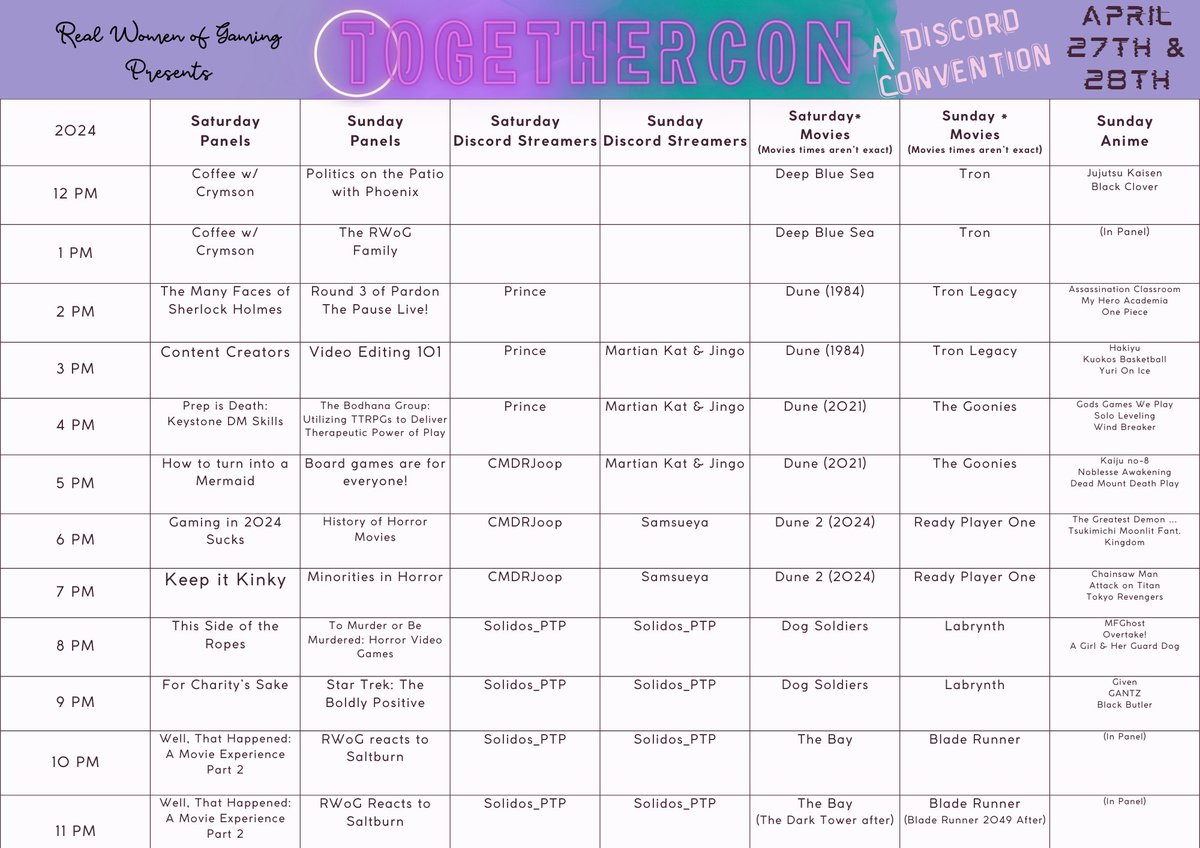 RealWomenGaming's tweet photo. #TogetherCon Schedule is here! Join us on Saturday & Sunday for panels, movies, anime, gaming and vendors! Discord server is live now but the programs don't start until tomorrow! #discord https://t.co/Fw7jC2SrfQ https://t.co/k0P2SJ5TFb