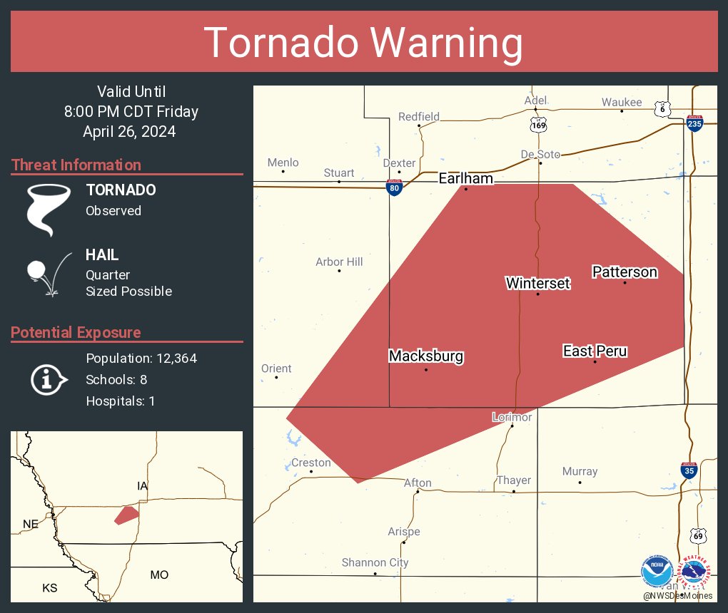 Tornado Warning continues for Winterset IA, Earlham IA and Saint Charles IA until 8:00 PM CDT