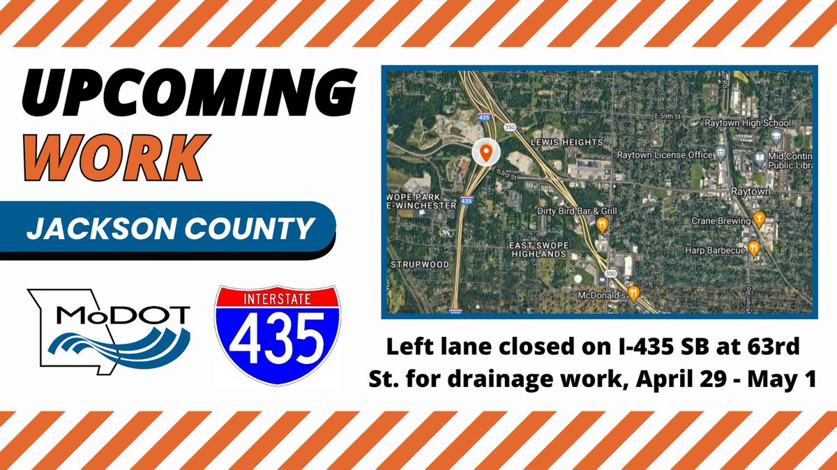 JACKSON COUNTY - Left lane closed on I-435 SB at 63rd St. from Mon., April 29 until Wed., May 1 for drainage work. Link: modot.org/node/46026 #kctraffic