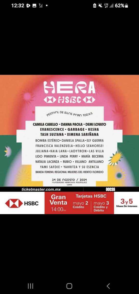 'FESTIVAL HERA HSBC'

📍Autódromo Hermanos Rodríguez.

📅 24 de agosto/2024.

#GranVentaHSBC: 2 y 3 de mayo.
Venta general: 4 de mayo.

#FestivalHeraHSBC #HeraHSBC24 #DeEllasParaTodxs