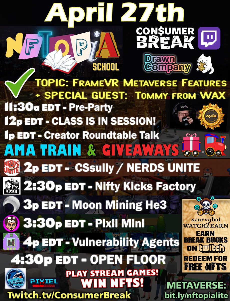 🎉EPIC 6-HR @Twitch STREAM ~ @thenftopia School & AMA HYPE TRAIN!
🗓️Saturday, April 27th: 11:30a-5:30pEDT (3:30-9:30pUTC)

📺Watch at Twitch.tv/ConsumerBreak  
🌐Hop into the #NFTOPIA #METAVERSE via browser at bit.ly/nftopialite

🎁ENTER COLLAB @bountyblok #GIVEAWAY for a…