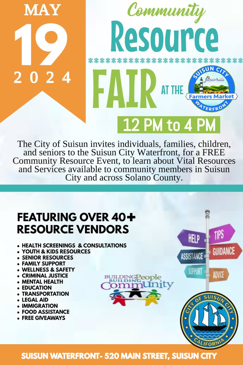 Mark your calendars! May 19th will feature a Resource Fair hosted by Suisun City at the Suisun City Waterfront Farmers Market hosted by the Fairfield-Suisun Chamber of Commerce. 

#SuisunCity #SolanoCounty