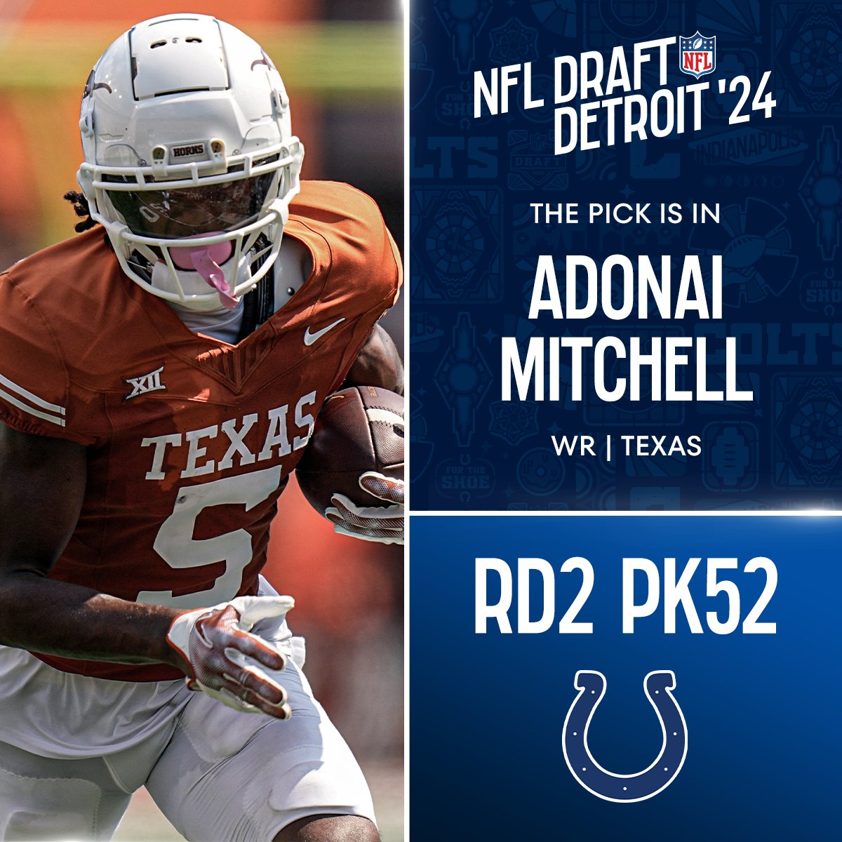 With the No. 52 overall pick in the 2024 @NFLDraft, the @Colts select Adonai Mitchell! 📺: #NFLDraft on NFLN/ESPN2/ABC 📱: Stream on #NFLPlus