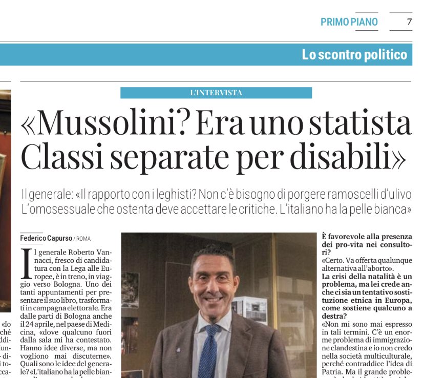 Mussolini statista Classi separate per i disabili E per i più bravi L’omosessuale non ostenti L’italiano ha la pelle bianca L’aborto non è un diritto In piazza ti metti nelle condizioni di essere manganellato Chi blatera di fascismo pericolo inesistente sottovaluta #Vannacci