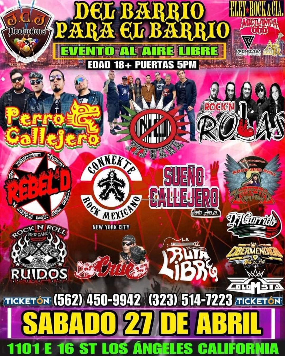 Sueño Callejero (@suenocallejero) on Twitter photo ¡ESTE SÁBADO DEL BARRIO PARA EL BARRIO!
¡Tocada este Sábado 27 de Abril!
SUEÑO CALLEJERO
#RebelDPunk
#PerroCallejero
#TijuanaNo
#RockNRolas
#Connekte
<a href="/SixxChacko/">Chacko Sixx</a>
Y más
#SueñoCallejero #RockUrbano #RockMexicano #RockNacional #Rock #RockDelBarrio #SantaAna #LosAngeles ¡ESTE SÁBADO DEL BARRIO PARA EL BARRIO!
¡Tocada este Sábado 27 de Abril!
SUEÑO CALLEJERO
#RebelDPunk
#PerroCallejero
#TijuanaNo
#RockNRolas
#Connekte
<a href="/SixxChacko/">Chacko Sixx</a>
Y más
#SueñoCallejero #RockUrbano #RockMexicano #RockNacional #Rock #RockDelBarrio #SantaAna #LosAngeles